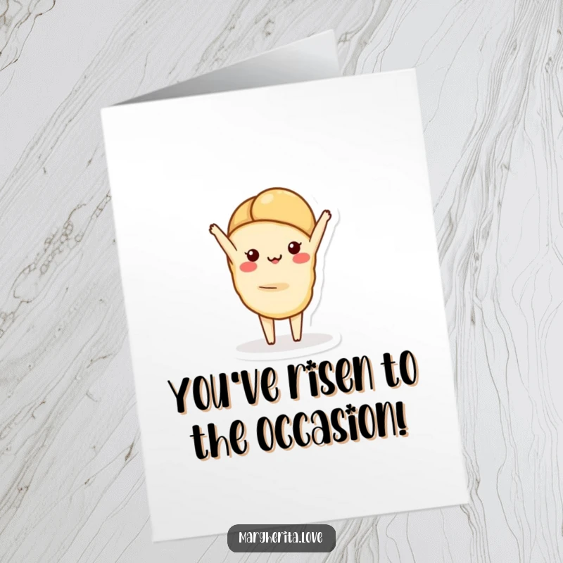Funny free printable congratulations card: a cute croissant performs a perfect handstand, celebrating success with playful elegance.