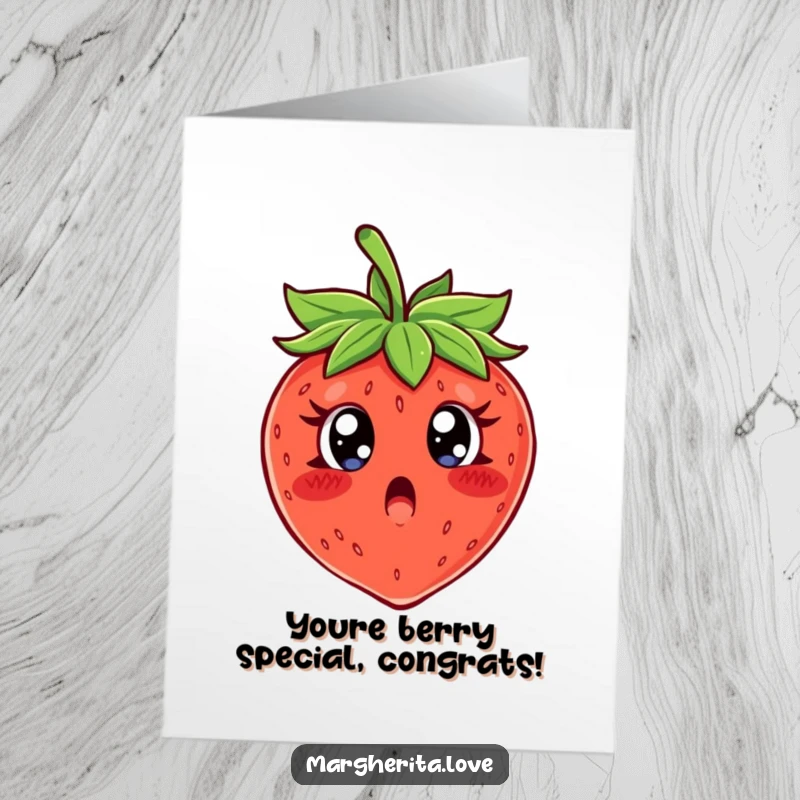 Funny Free Printable Congrats Card: A shocked strawberry wide-eyed, realizing it's about to become a celebratory snack, pure comedic terror.