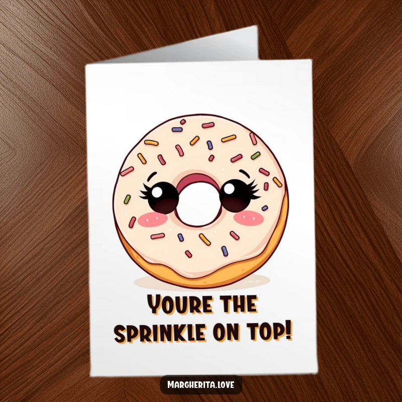 Funny Free Printable Congrats Card: A doughnut with colorful sprinkles, looking around with adorable curiosity, celebrating success.