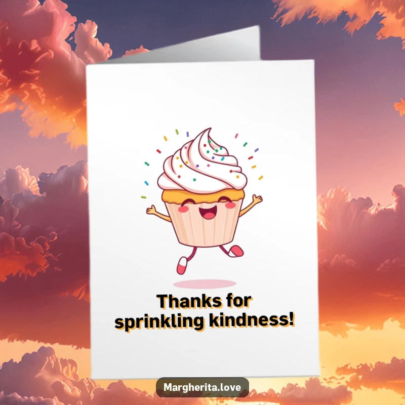 Funny Free Printable Cupcake Thank You Card: A cheerful cupcake skipping with sprinkles flying, perfect for saying thanks.