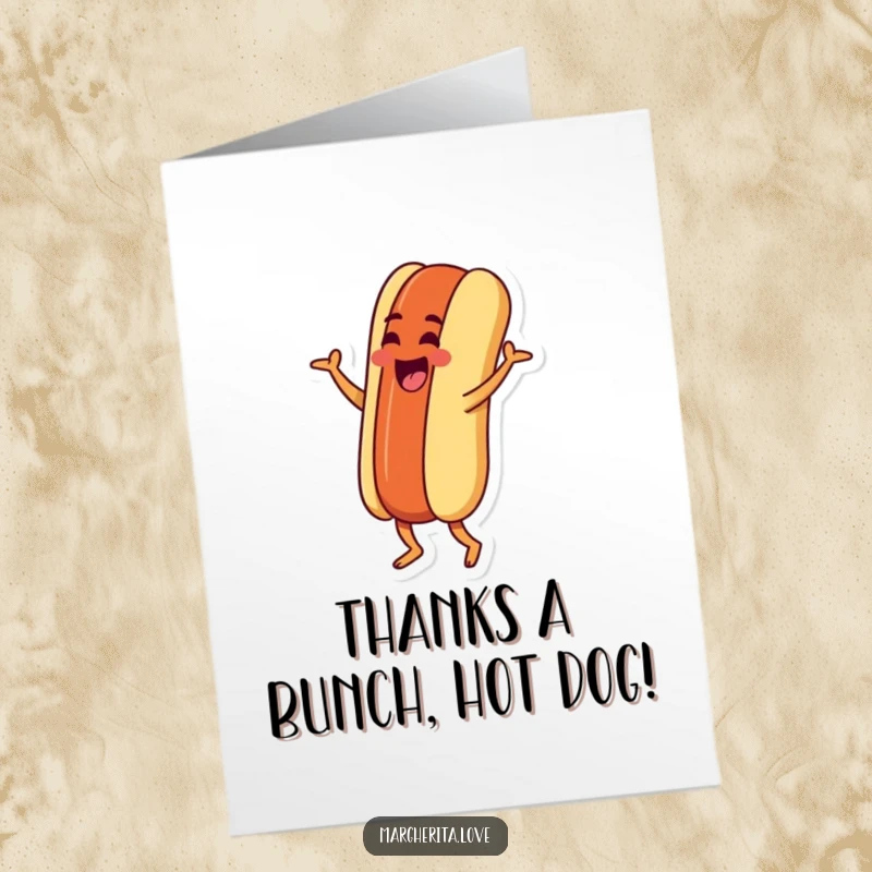 Funny Free Printable Thank You Card: A goofy hot dog person doing a silly jig, offering thanks with downloadable silliness.