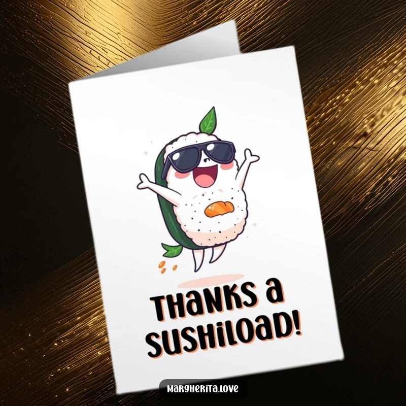 Funny Free Printable Thank You Card: Sushi wearing sunglasses performs a backflip, a playful way to say thanks.