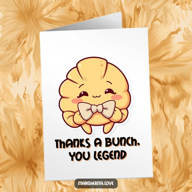 Funny Free Printable Thank You Card with a curious croissant making an elegant, humorous bow to express sincere appreciation.