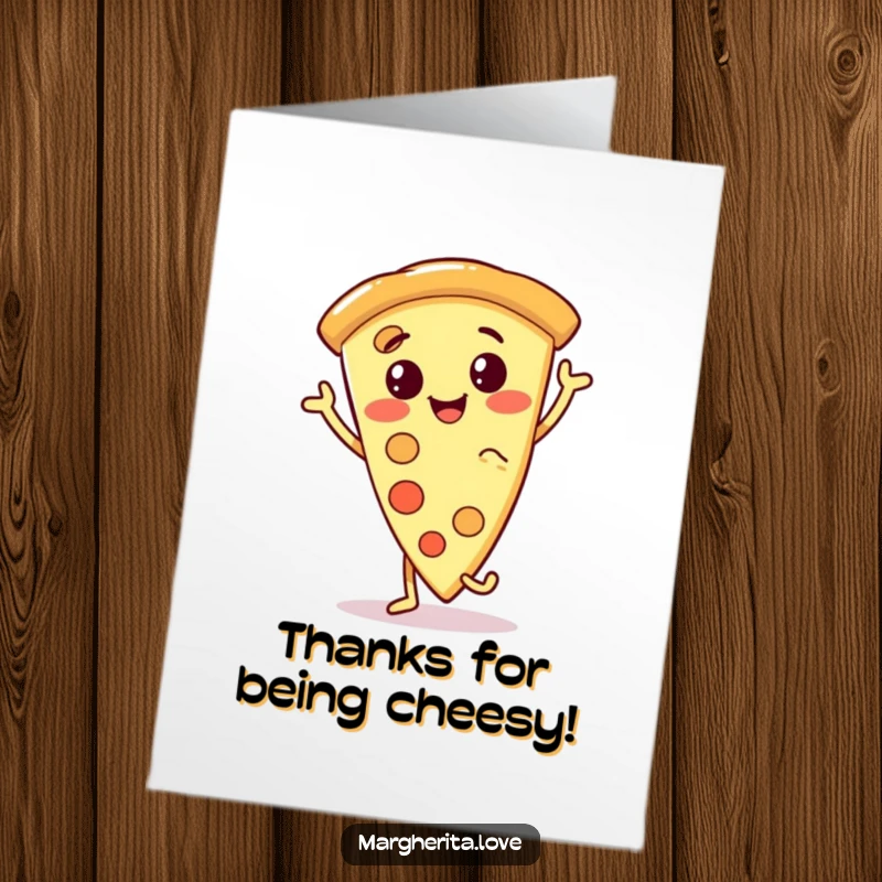 Funny Free Printable Thank You Card: A smiling pizza slice animatedly dancing to express gratitude.