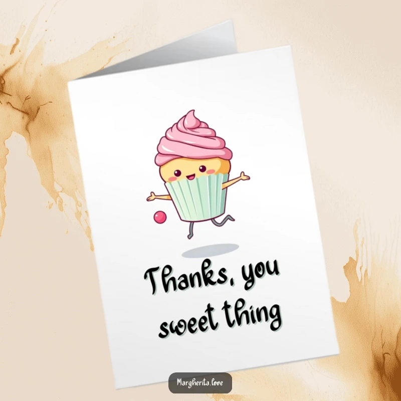 Funny Free Printable Thank You Card: Happy cupcake skips rope energetically with frosting flying, conveying thanks.