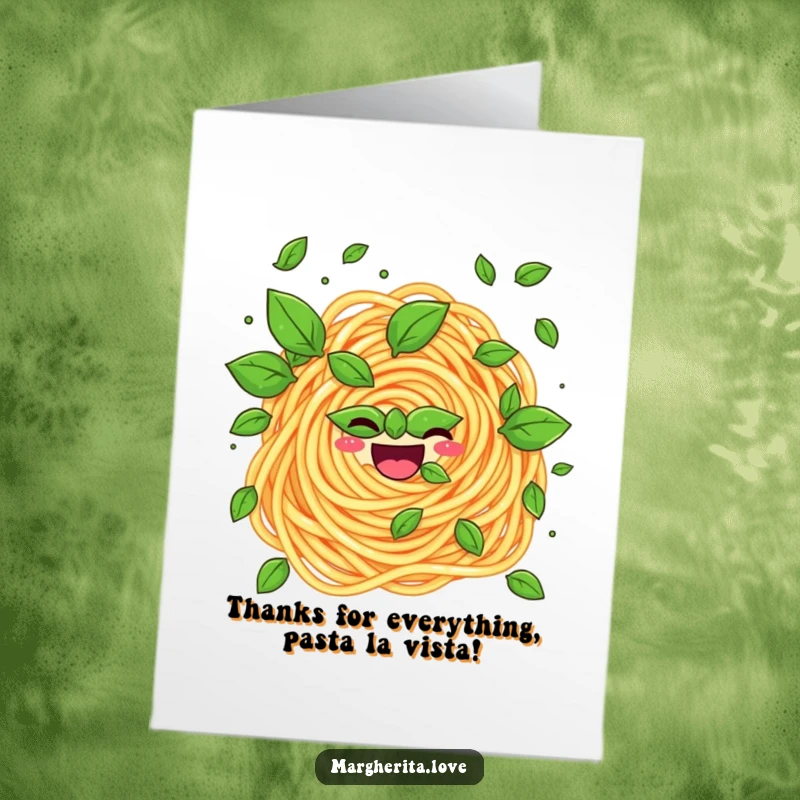 Funny Free Printable Thank You Card: Cheerful pasta swirl juggling basil leaves, a unique way to say thanks with humor and flair.