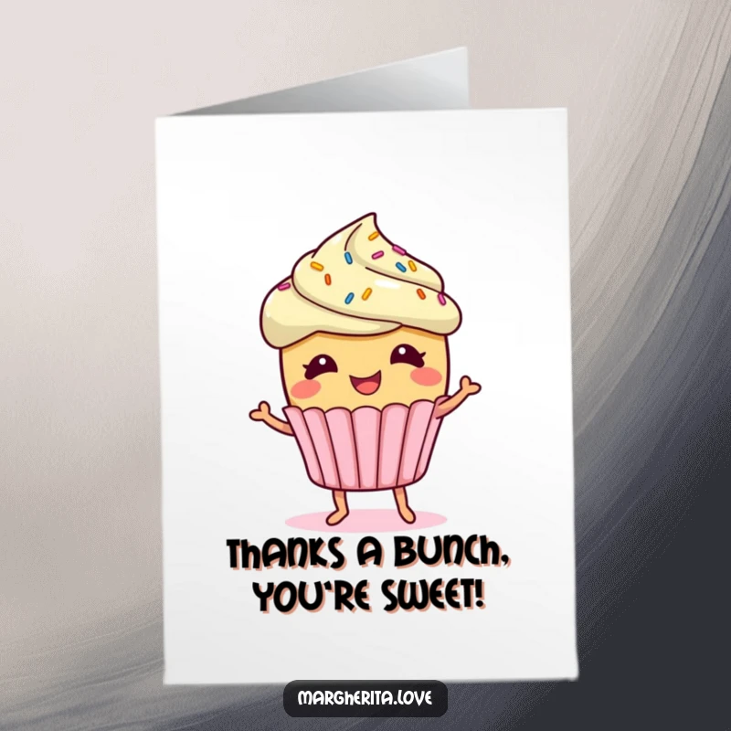 Funny Free Printable Thank You Card of a giggling cupcake with sprinkles doing a jig, offering a fun and cheerful thank you.