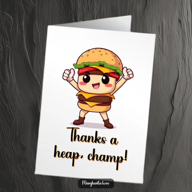 Funny Free Printable thank you card with a proud burger hero striking a powerful pose, showing deep appreciation.