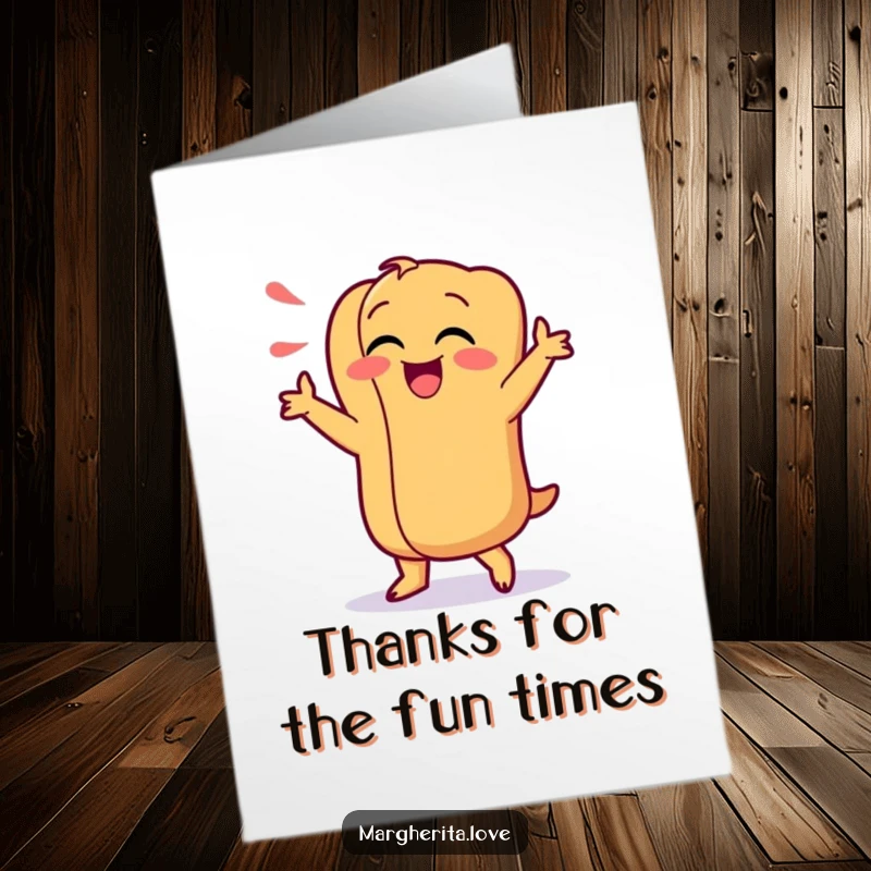 Funny Free Printable Thank You Card featuring a giggling hot dog doing a silly dance, expressing gratitude in a memorable way.