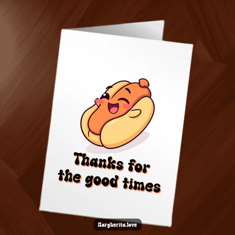 Funny Free Printable Thank You Card: Smiling hot dog winks while sliding down its bun playground, expressing thanks.