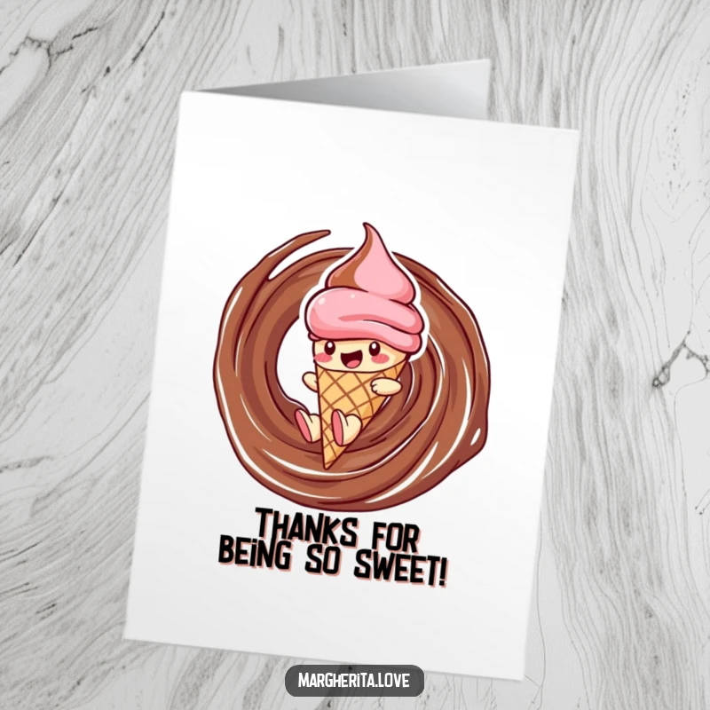 Funny Free Printable Thank You Card: A delighted ice cream cone character takes a fun slide down a chocolate swirl, expressing thanks.