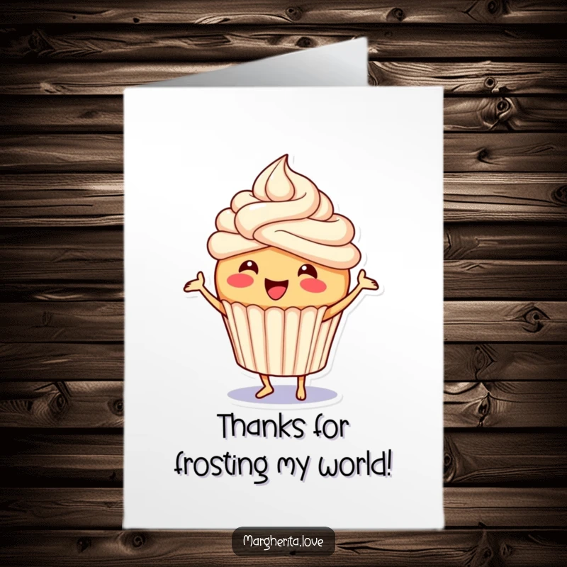 Funny Free Printable Thank You Card: A happy cupcake with a swirl of frosting does a little jig, showing sweet appreciation.