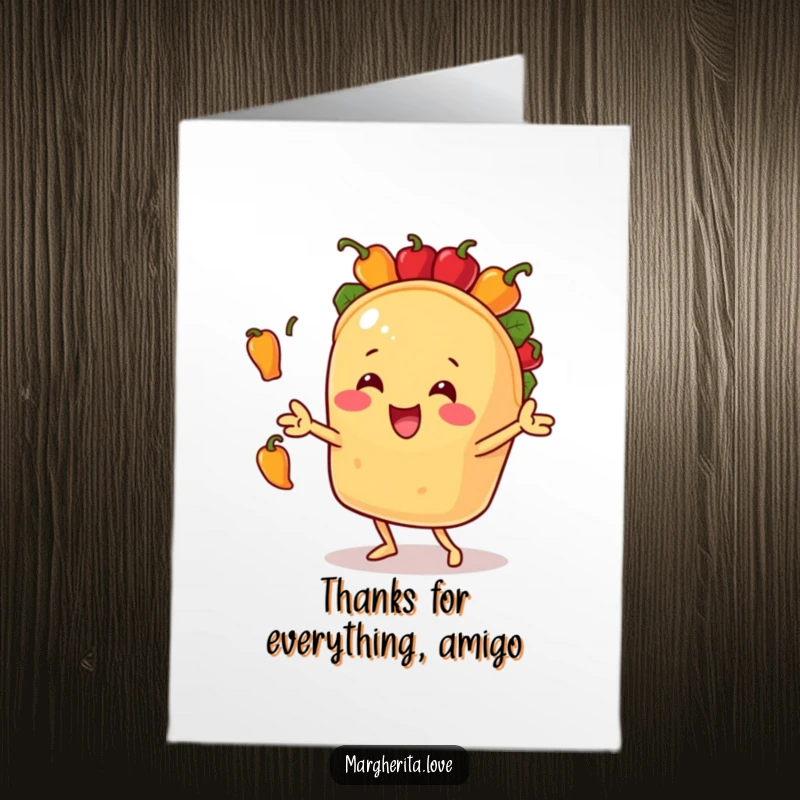 Funny Free Printable Thank You Card: A spirited taco character masterfully juggling colorful bell peppers with excitement.