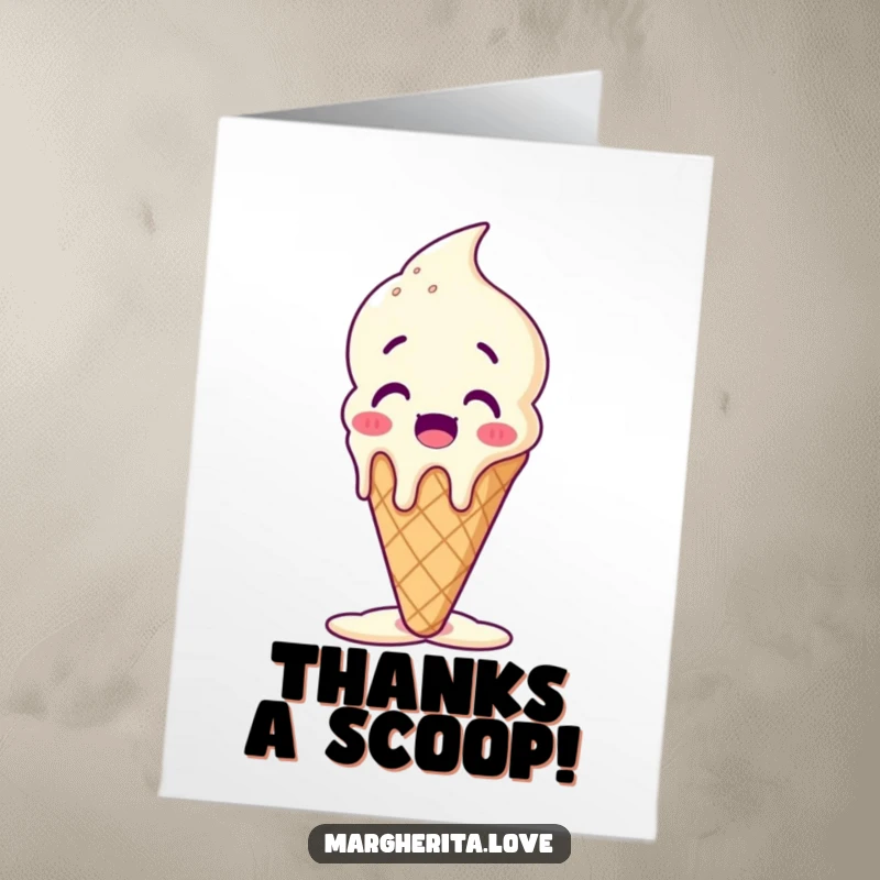 Funny Free Printable Thank You Card: A happy melting ice cream cone, expressing thanks with a sweet, cool vibe.