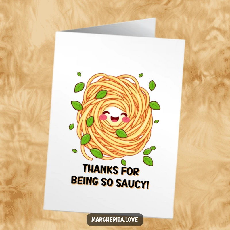 Funny free printable thank you card with a pasta swirl character juggling basil leaves, conveying thanks with a quirky, fun design.