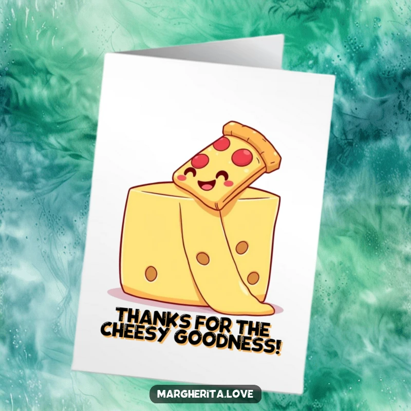Funny Free Printable Thank You Card: A pizza slice glides down cheese, a humorous and downloadable way to say thanks.