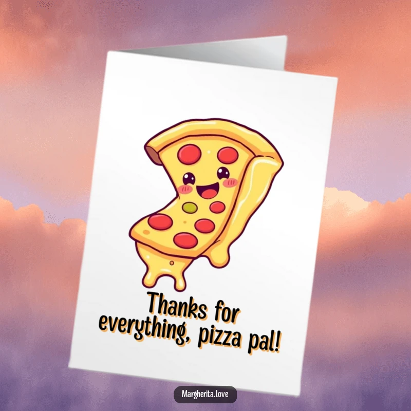 Funny Free Printable Thank You Card, a smiling pizza slice character sliding down a long strand of melted cheese.