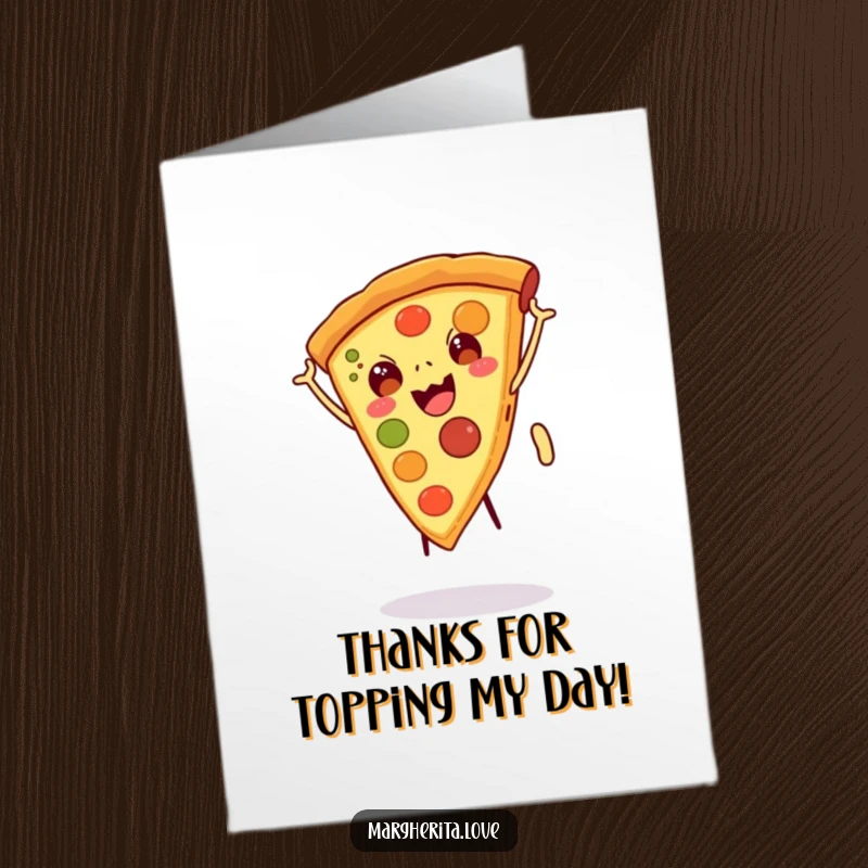 Funny free printable thank you card featuring a pizza slice with legs executing a cartwheel.
