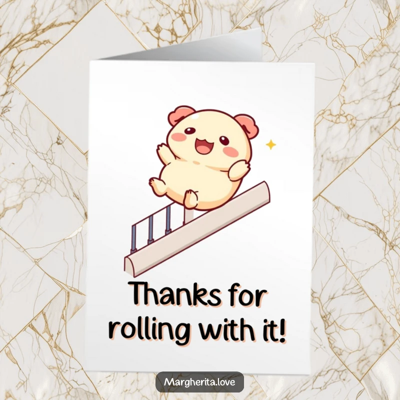 Funny free printable thank you card: a cute dumpling slides down a banister, conveying thanks with joyful and whimsical motion.