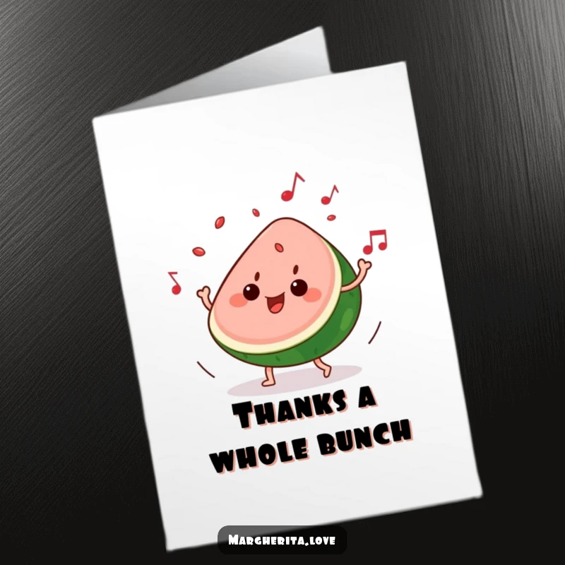 Funny Free Printable Thank You Card: Watermelon slice grooves to music, seeds playfully popping out, expressing thanks.