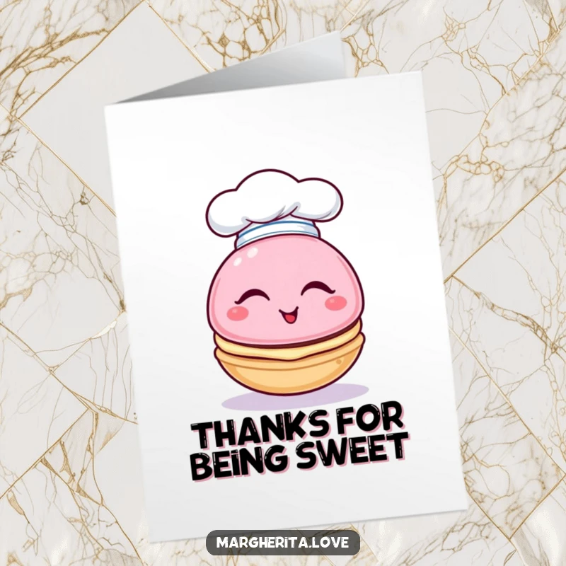 Funny Free Printable Thank You Card: A playful macaron character with a chef hat gives a charming wink.