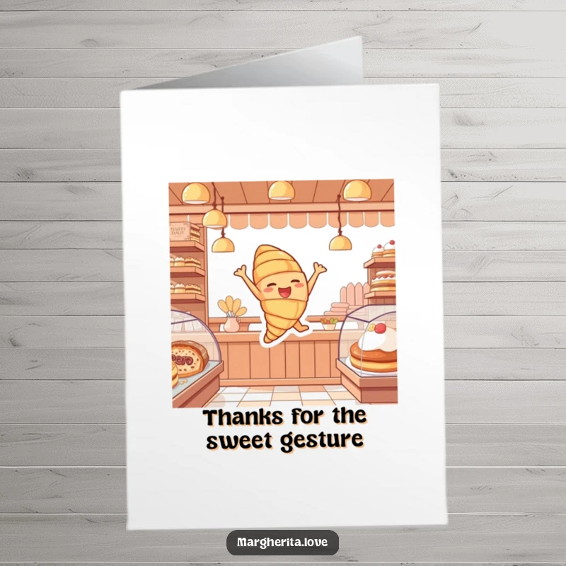 Funny Free Printable Thank You Card: Cheerful croissant character joyfully leaping in a bakery, expressing gratitude.