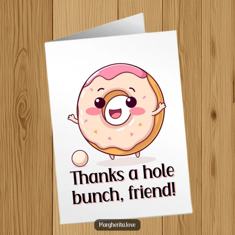 Funny Free Printable Donut Thank You Card: A happy donut character bouncing a ball, expressing thanks with sweetness.