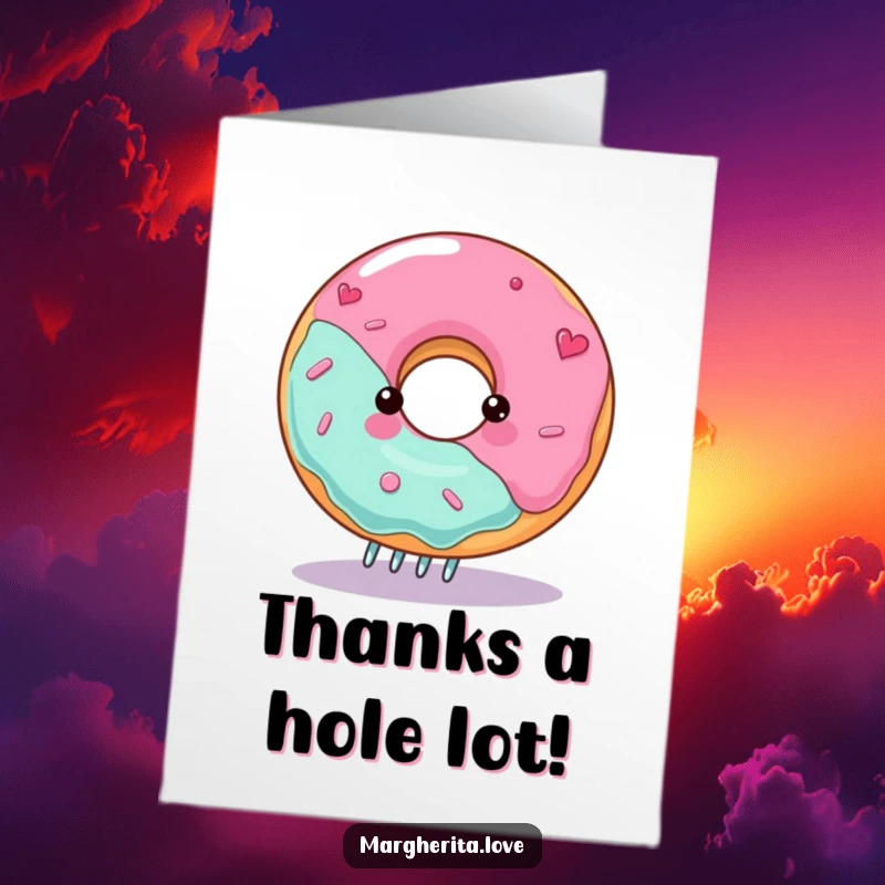 Funny Free Printable Thank You Card: A happy donut spinning on a fork, conveying warm thanks with cheer.