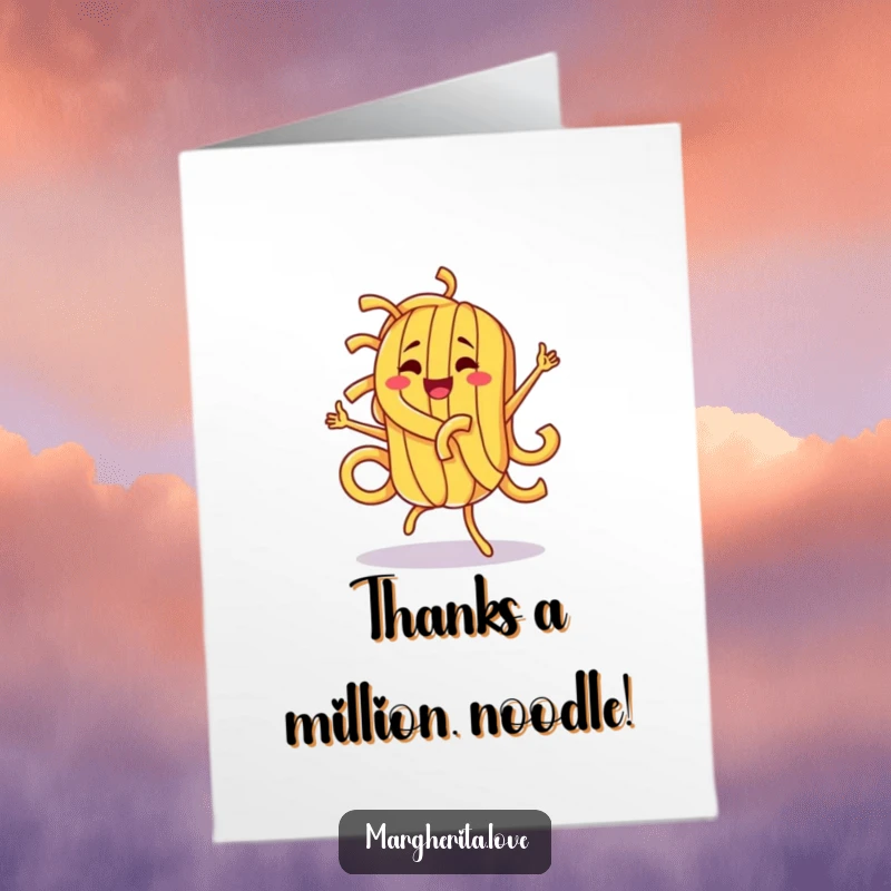 Funny Free Printable thank you card showcasing a pasta character doing a silly, energetic dance of gratitude.