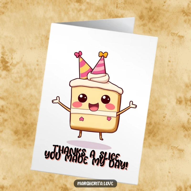 Funny Free Printable Thank You Card: A cheerful cake slice with a party hat, bouncing with delight to express thanks.