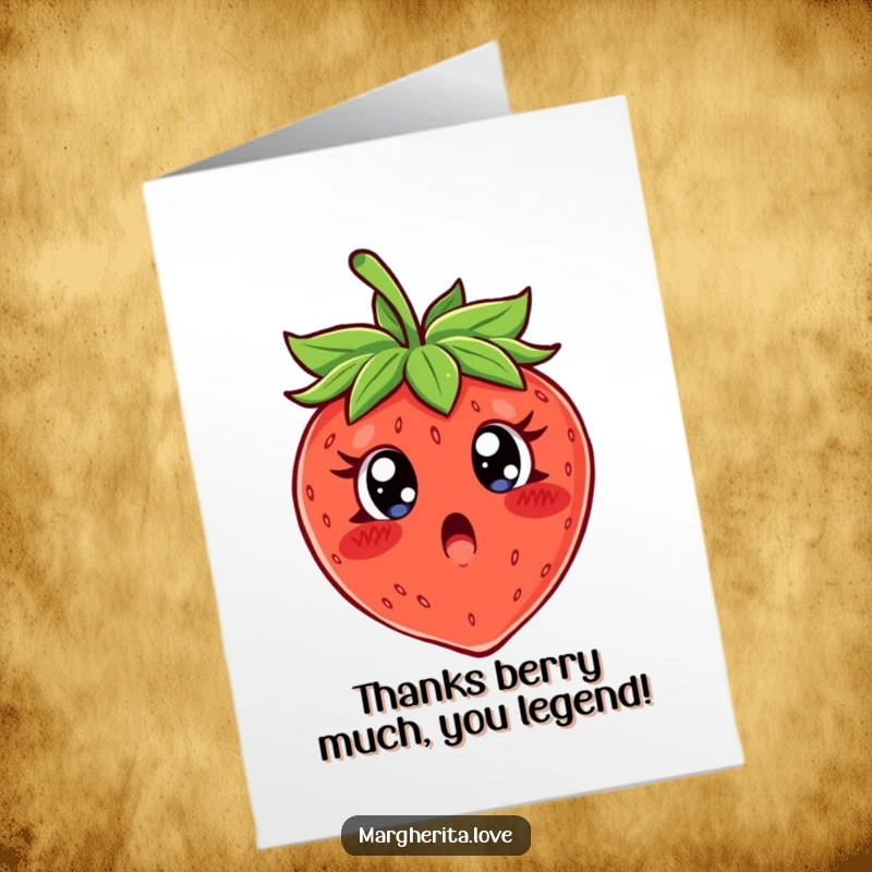 Funny Free Printable Thank You Card: A wide-eyed strawberry in disbelief, a comical reaction to receiving thanks, edible art.