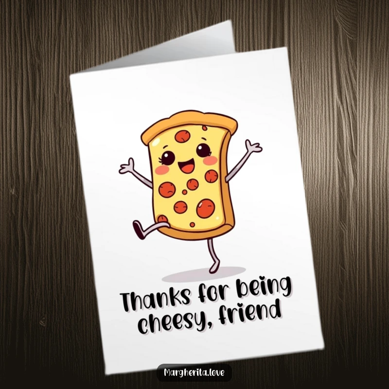 Funny Free Printable pizza slice with legs doing a cartwheel, offering a fun way to express thanks.