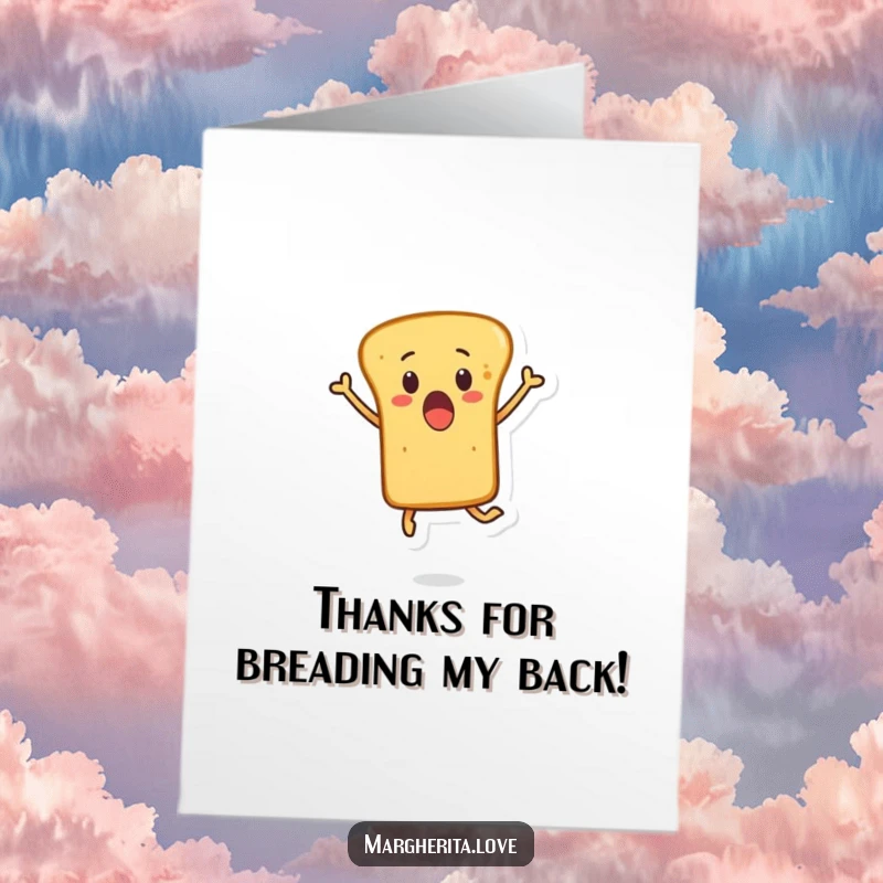 Funny free printable thank you card with a surprised breadstick character leaping joyfully, conveying thanks with a quirky, airborne gesture.