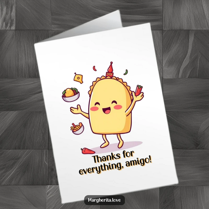 Funny free printable thank you card featuring a happy taco character juggling toppings with gratitude.