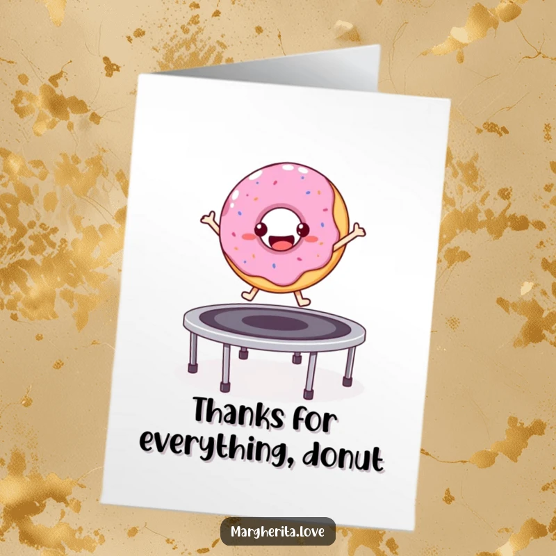 Funny Free Printable Thank You Card: Bouncy donut character joyfully bouncing on a trampoline.