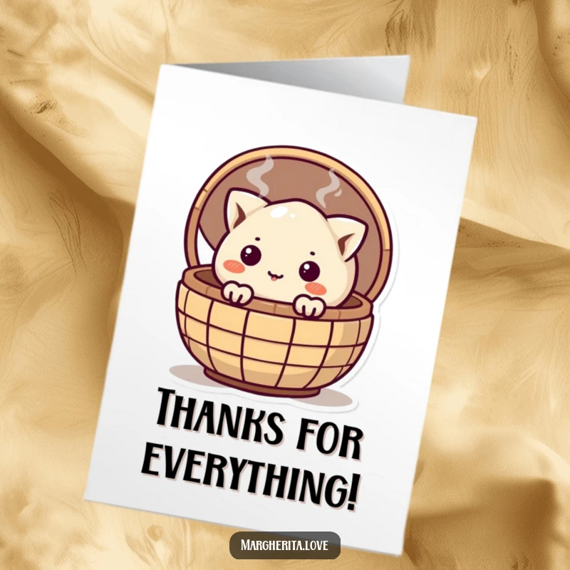 Funny Free Printable thank you card featuring a cute dumpling peeking shyly from a steaming basket, full of thanks.