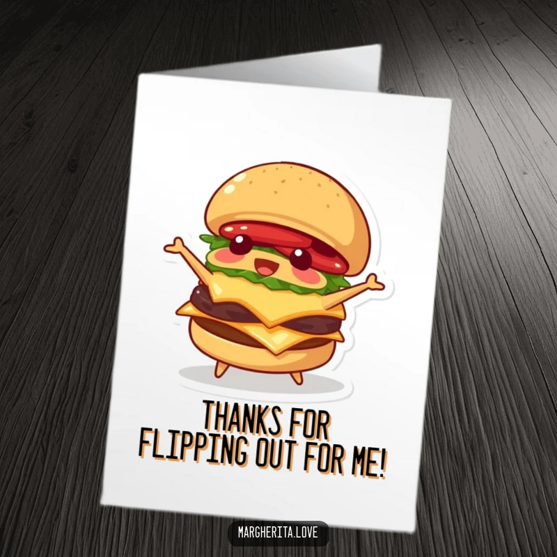 Funny free printable thank you card: a dynamic burger flips itself, adding a playful and memorable touch to your thanks.