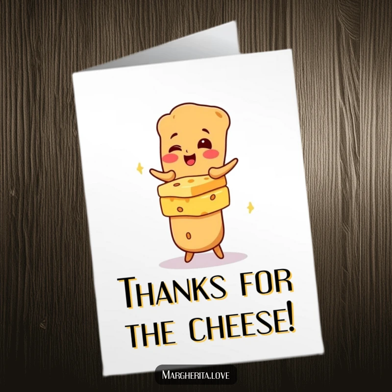Funny Free Printable thank you card with a baguette character grinning while juggling an impressive stack of cheese.
