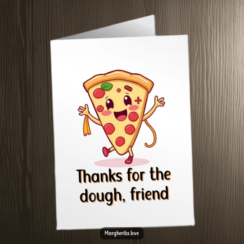 Funny Free Printable Thank You Card: Cheerful pizza slice dancing merrily with a pasta noodle, showing thanks.