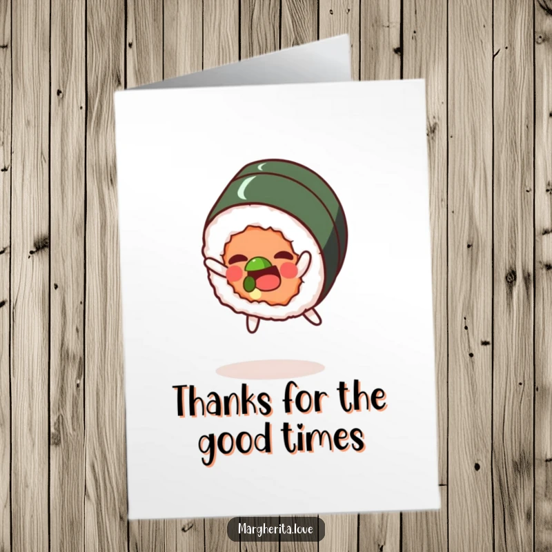 Funny Free Printable Thank You Card: A cheerful sushi roll character doing a fun somersault to show thanks.