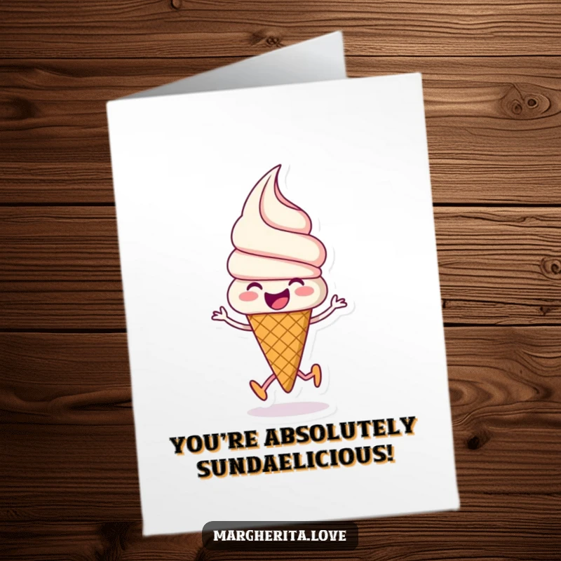 Funny Free Printable thank you card: A beaming ice cream cone performing a happy little skip, conveying thanks.