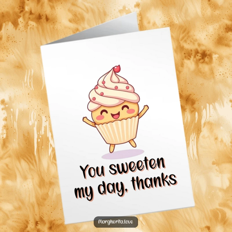Funny Free Printable Thank You Card: A cheerful cupcake happily bouncing a ball, sending sweet thanks with a frosting smile.