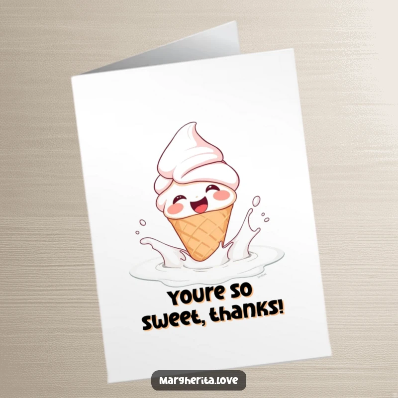 Funny Free Printable Thank You Card: A giggling ice cream cone person splashing playfully in milk, saying thanks.