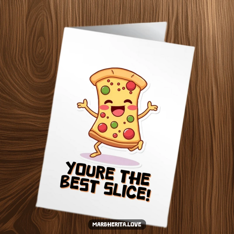 Funny Free Printable Thank You Card: A pizza slice with legs dancing energetically, adorned with fun toppings, expressing thanks.