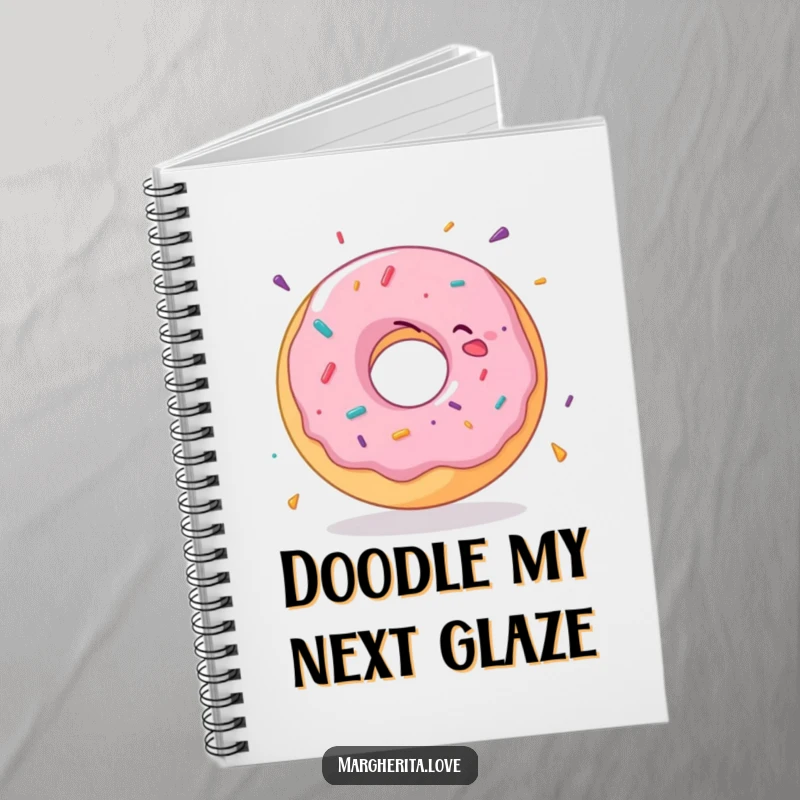 Funny donut notebook with a delighted donut illustration in a happy spin, ideal for writing and drawing.