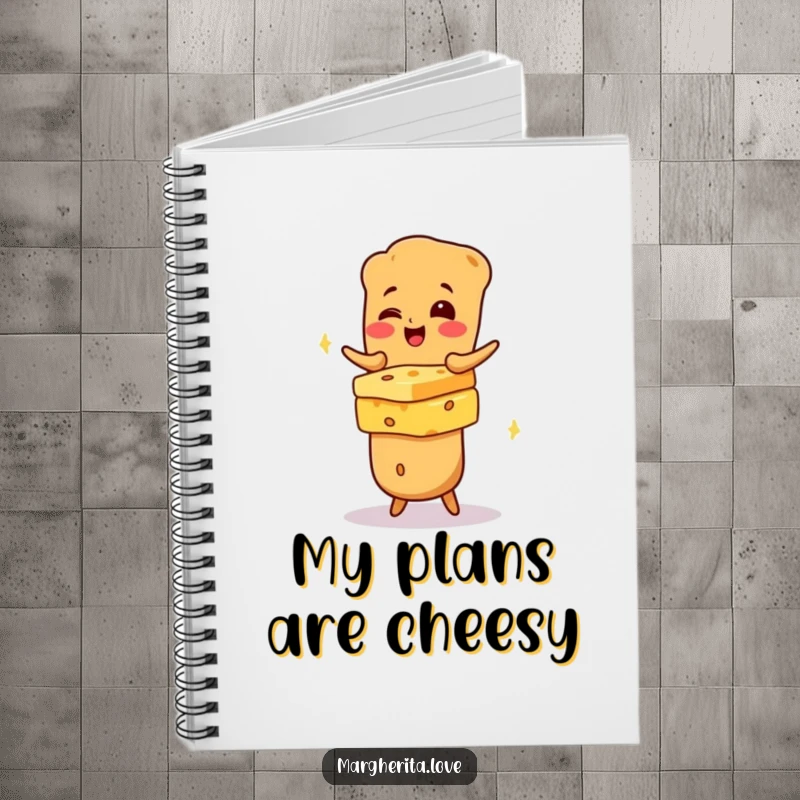 Funny giggling baguette balancing cheese on the cover of a notebook, inspiring humorous notes and creative ideas.