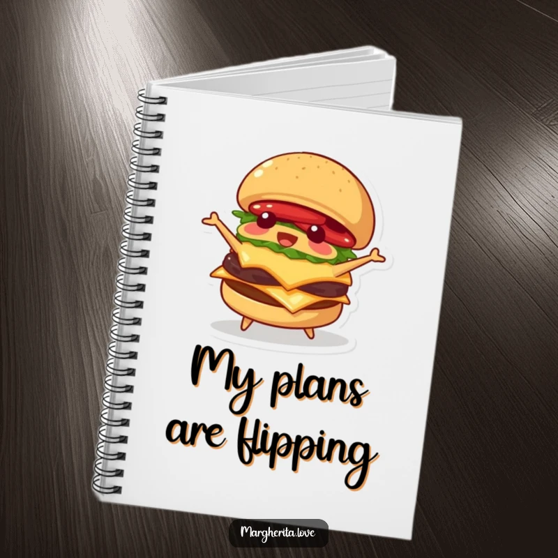 Funny notebook featuring a playful burger character happily flipping itself, ideal for jotting down recipes or daily notes.