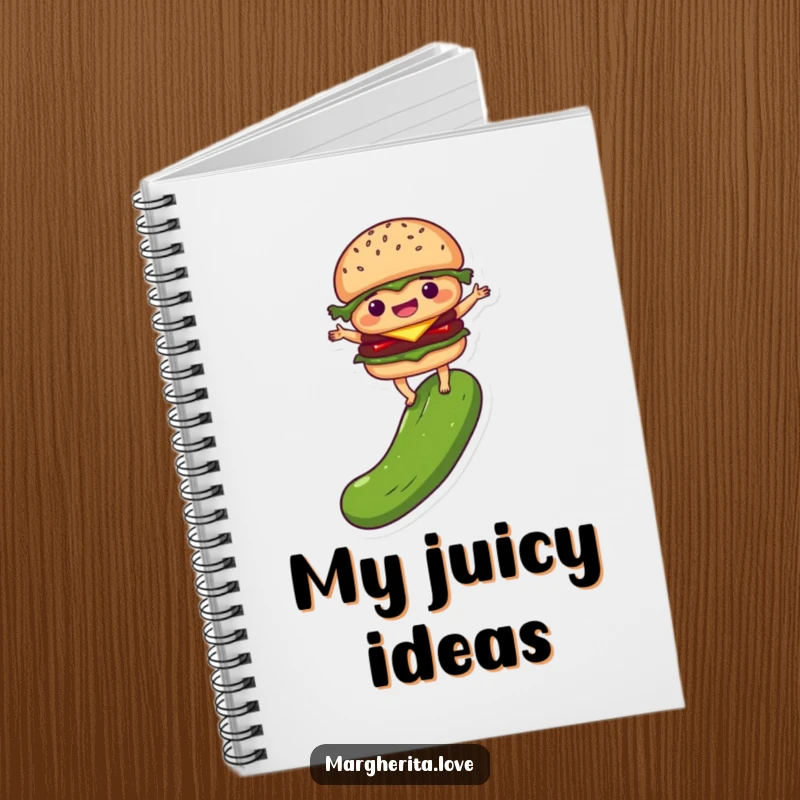 Funny notebook with a delighted burger person balancing on a pickle, perfect for jotting down notes or ideas with a quirky food-themed touch.