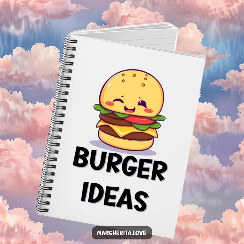 Funny cheeseburger wink notebook showcasing a giggling cheeseburger giving a playful wink, ideal for capturing notes with a touch of cheeky humor.