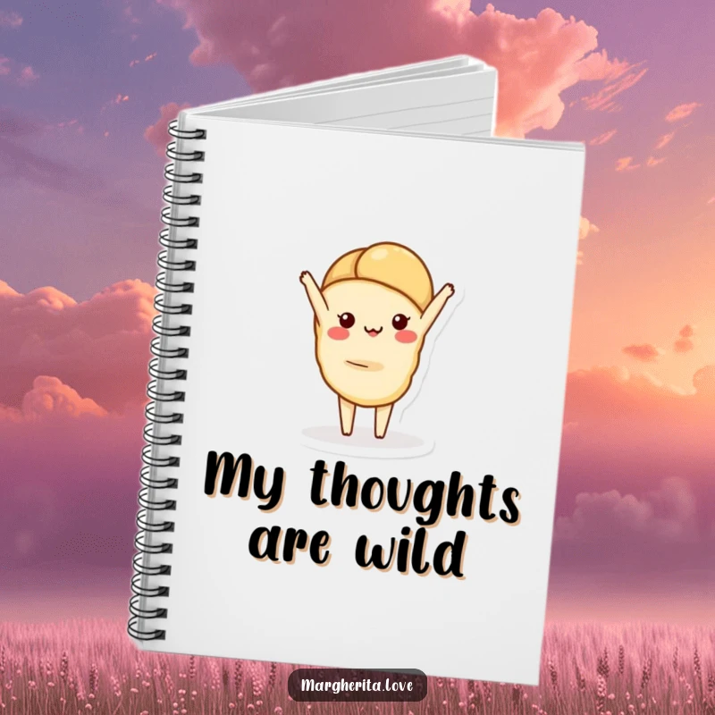 Funny notebook with a cover featuring a charming croissant doing a playful handstand, perfect for note-taking and creative journaling.